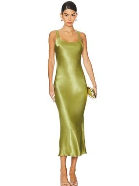 Olive Green Satin Midi Slip Dress
